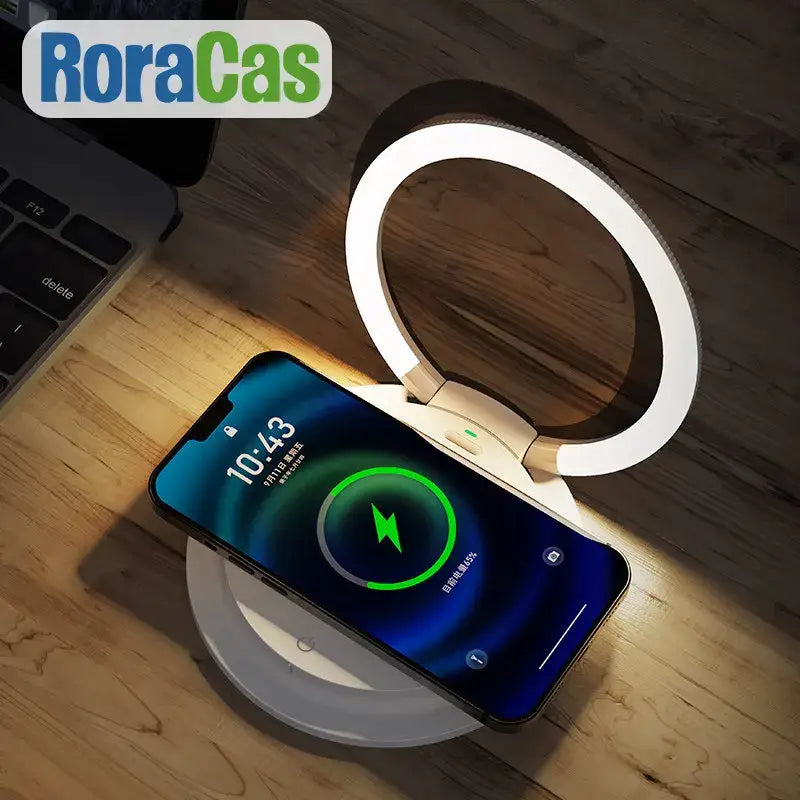 Decorbites led night light wireless charger stand with integrated ring light in sleek white for bedroom decor and eye protection