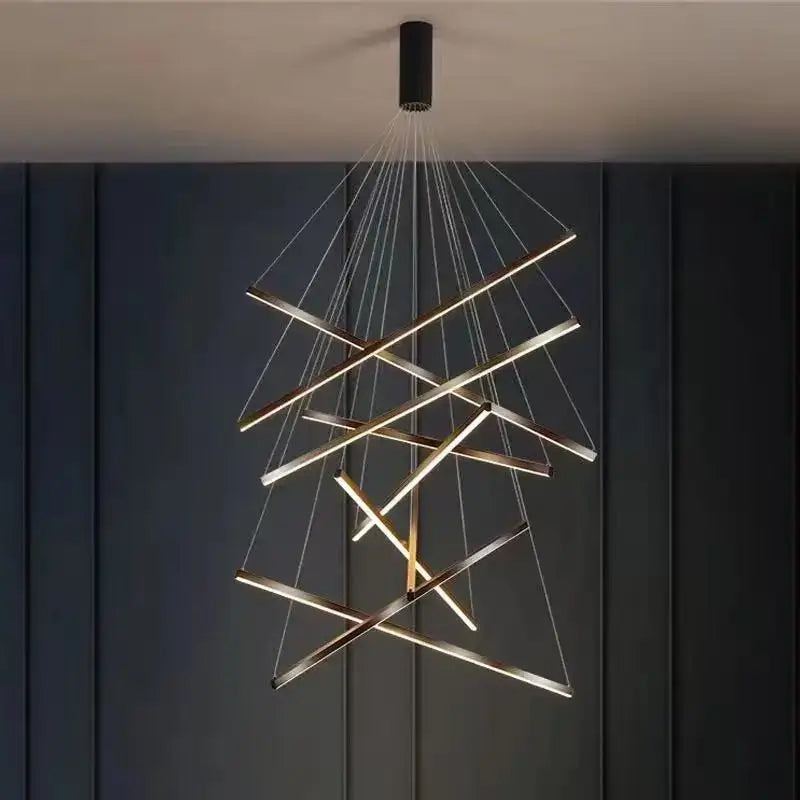 Modern geometric decorbites led nordic chandelier with intersecting metallic rods and warm glow for living spaces