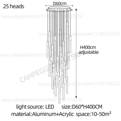DecorBites led nordic cylinder chandelier with 25 adjustable LED heads suspended from aluminum base for indoor use