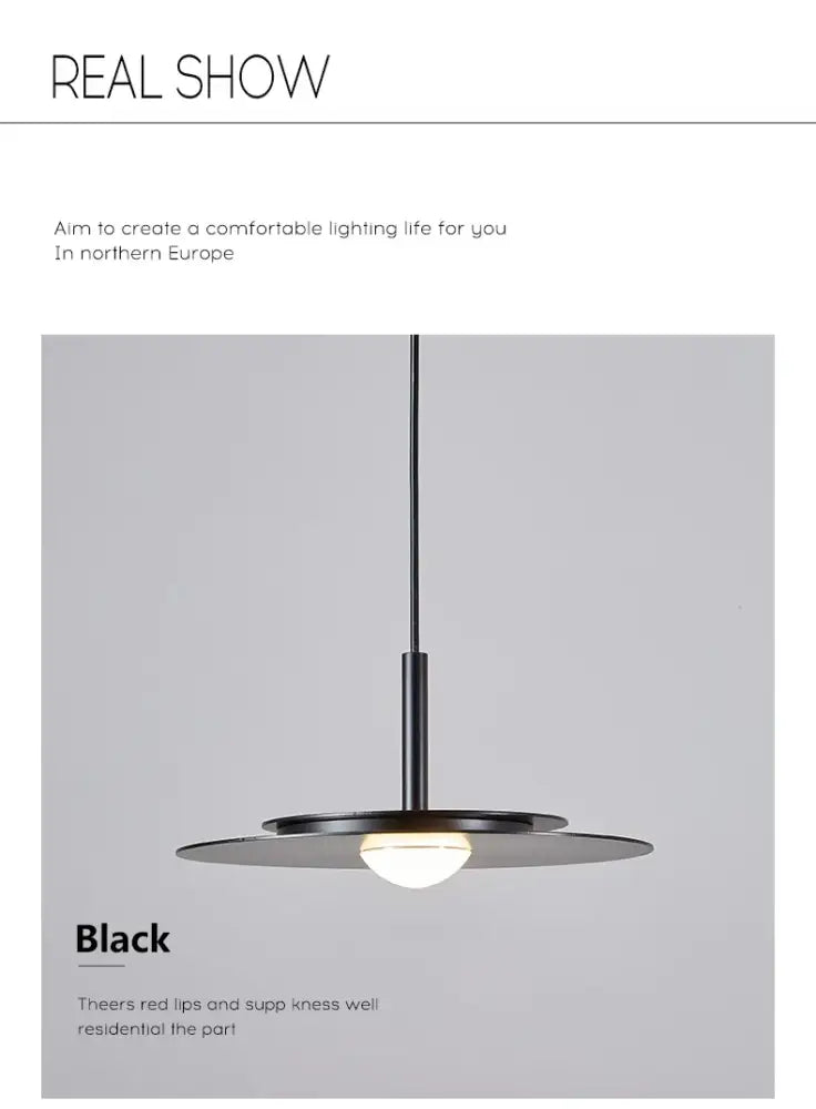 Black minimalist DecorBites™ LED Nordic flying saucer chandelier with sleek disc design and warm central bulb glow