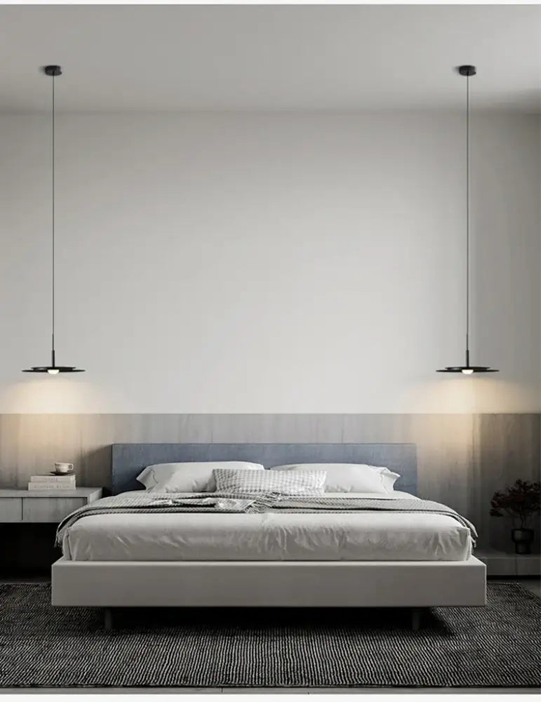 Modern gray upholstered bed with minimalist design and matching headboard below decorbites led nordic flying saucer chandelier