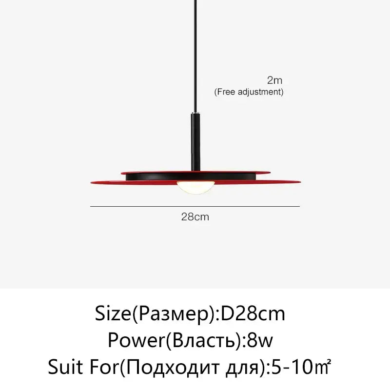 Red circular flying saucer chandelier with black central stem and adjustable 2 meter cord by DecorBites™ LED Nordic