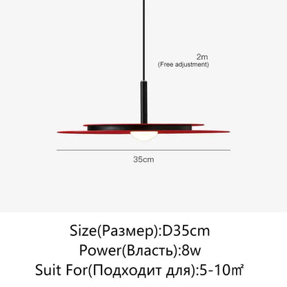 Modern red DecorBites™ flying saucer chandelier with sleek black rod and adjustable 2-meter hanging chain