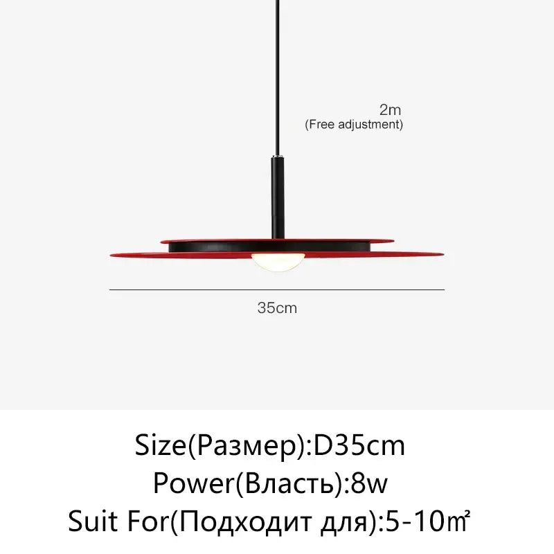Modern red DecorBites™ flying saucer chandelier with sleek black rod and adjustable 2-meter hanging chain
