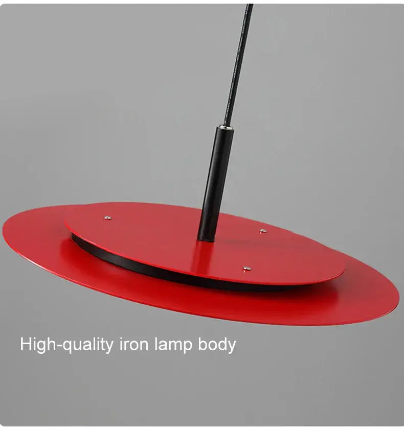 Decorbites™ led nordic flying saucer chandelier featuring a red oval iron lamp body with a black central rod
