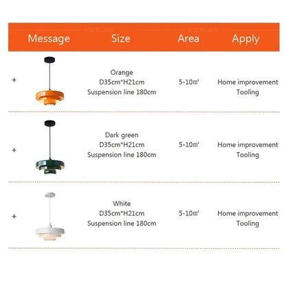 Decorbites led nordic pendant lights with orange dark green and white tiered shades suspended by black and silver lines