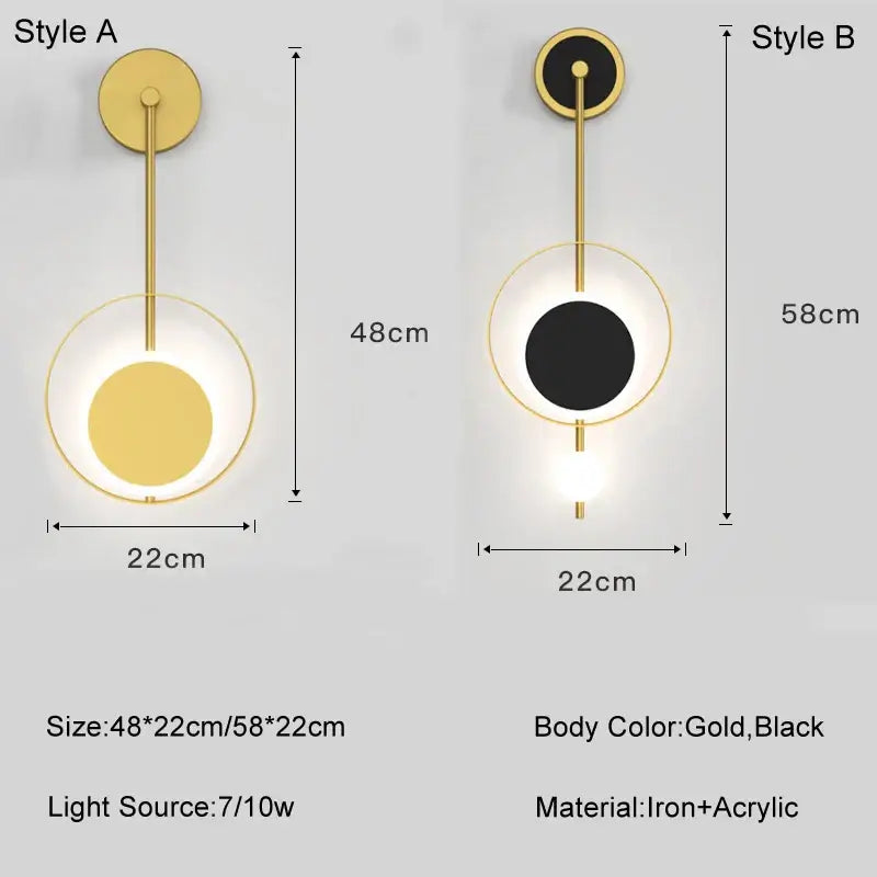 Gold and black modern wall lights with sleek circular iron and acrylic design by decorbites led nordic for indoor use