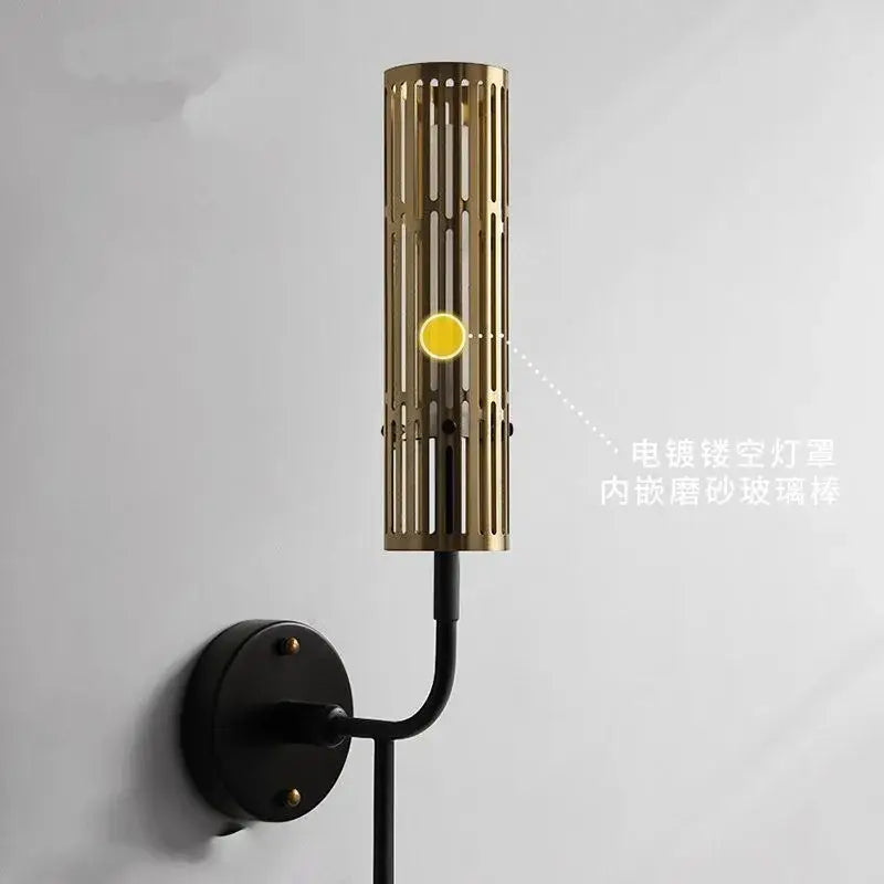 Gold-toned cylindrical decorbites led nordic wall sconce with vertical slats and black curved arm for living room decor