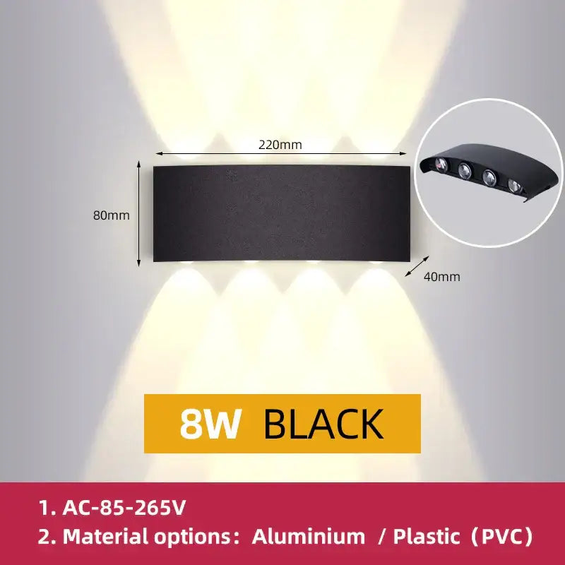 Black 8w wall light with three integrated bulbs in aluminum or pvc for decorbites led outdoor garden use