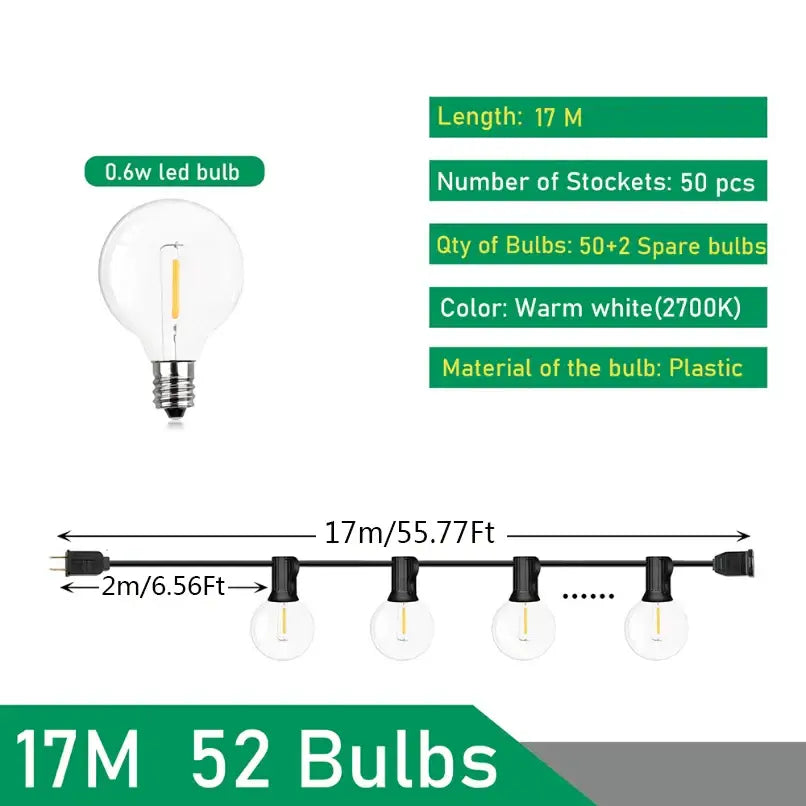 DecorBites™ 17-meter outdoor string lights with 52 warm white led bulbs and clear globe shades for weddings