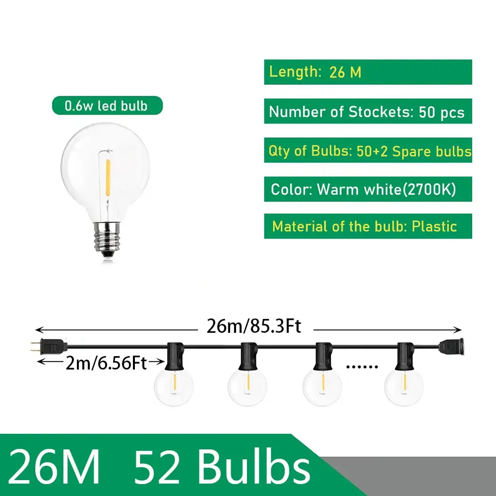 Decorbites™ led outdoor string lights 26 meter warm white 0.6w clear glass globe bulbs ideal for wedding party