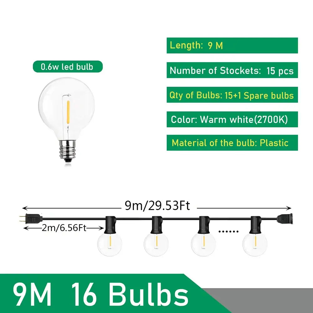 DecorBites™ warm white 9m outdoor string lights with 15 clear glass LED bulbs for wedding party decor