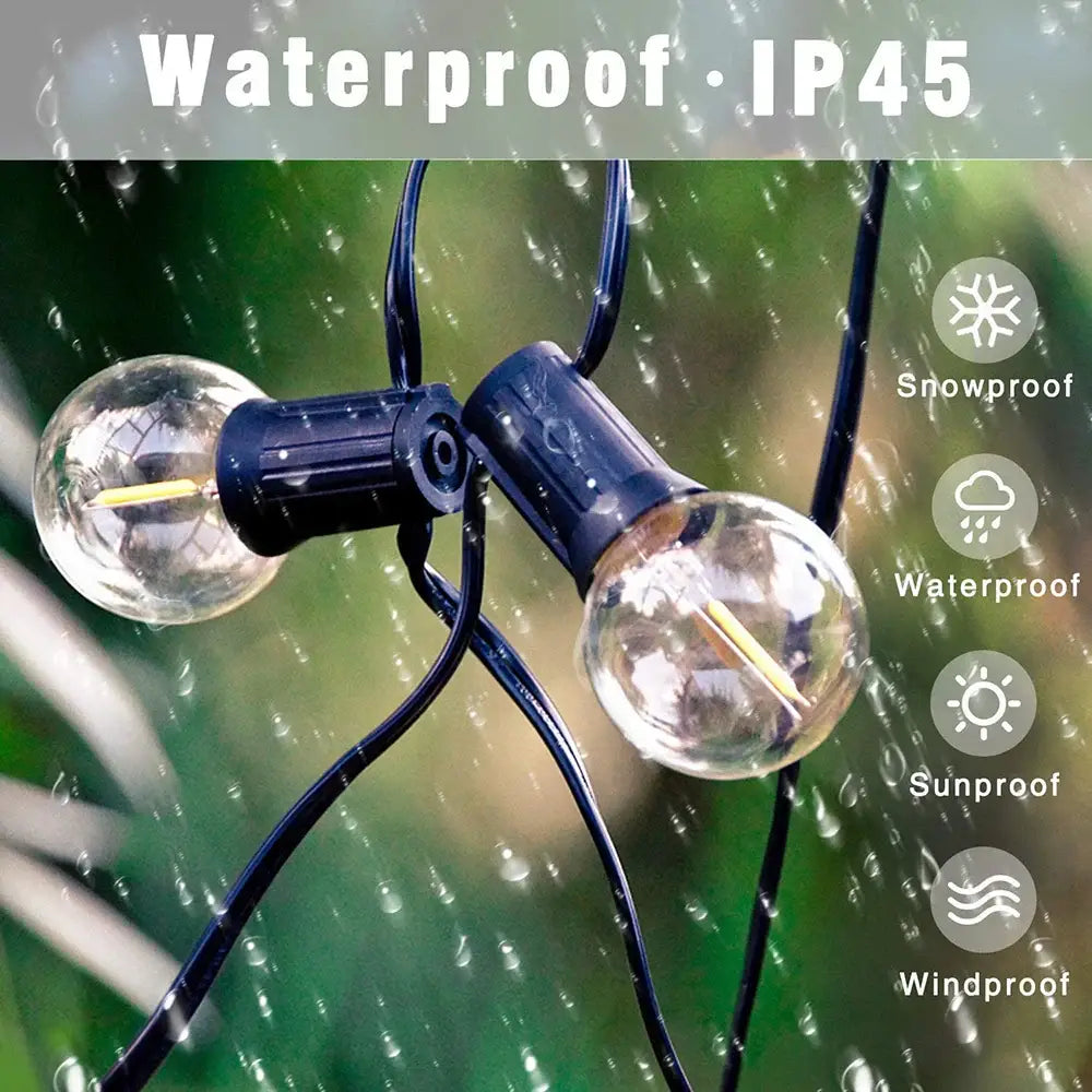 DecorBites™ clear glass globe outdoor string lights with black bases and cords ideal for wedding party use