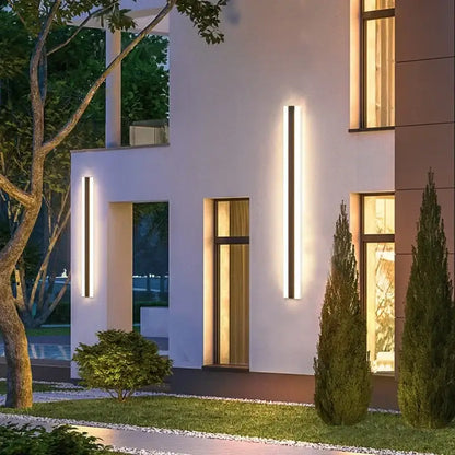 Modern minimalist DecorBites™ outdoor wall lamp with vertical LED sconces, sleek black frame, and warm white light