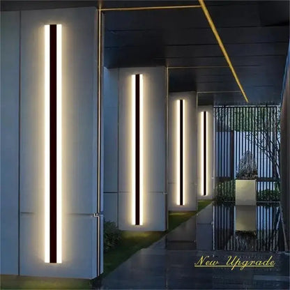 DecorBites™ modern outdoor wall lamp with sleek black and white led panels emitting warm linear light