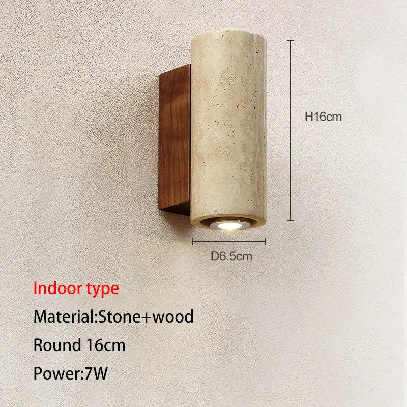 Minimalist decorbites led outdoor wall lamp with cylindrical stone body and warm wood base for modern outdoor use