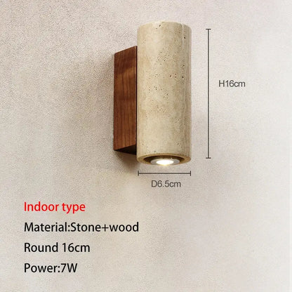 Minimalist decorbites led outdoor wall lamp with cylindrical stone body and warm wood base for modern outdoor use