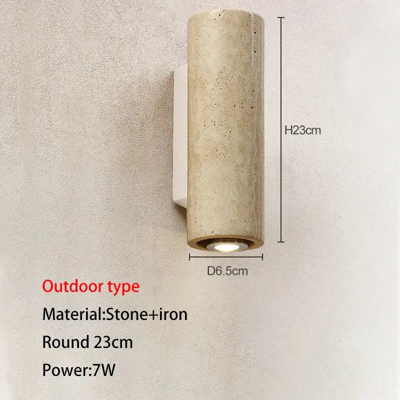 Decorbites led outdoor wall lamp in textured stone and iron with warm base light for garden courtyard lighting