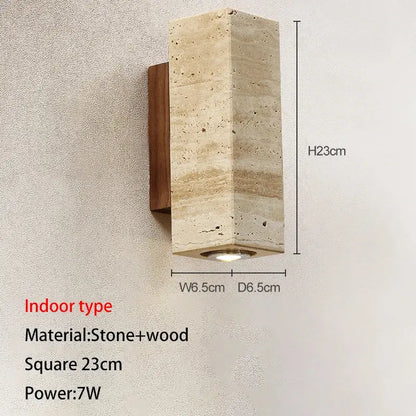 Beige stone and wood decorbites led outdoor wall lamp with square textured body for garden courtyard lighting