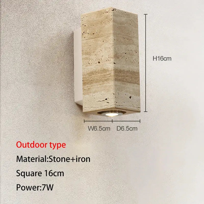 A decorbites led outdoor wall lamp featuring a textured beige stone and iron 16cm square design with integrated led light