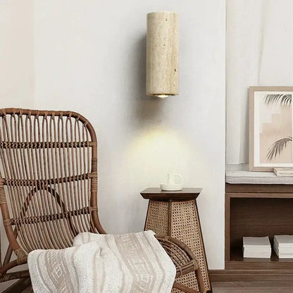 Beige stone cylindrical wall lamp with warm diffused light decorbites led outdoor wall lamp for garden use