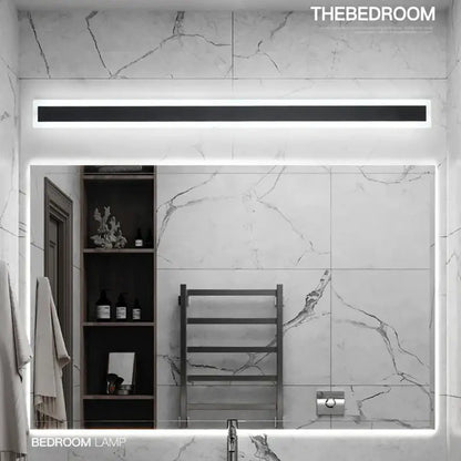 Decorbites led outdoor modern rectangular led mirror lamp with sleek black frame and white illuminated edges above vanity