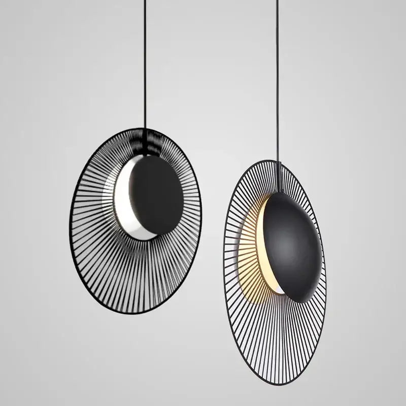 Black decorbites™ led oyster pendant lamp with radial wireframe and illuminated crescent center for loft decor