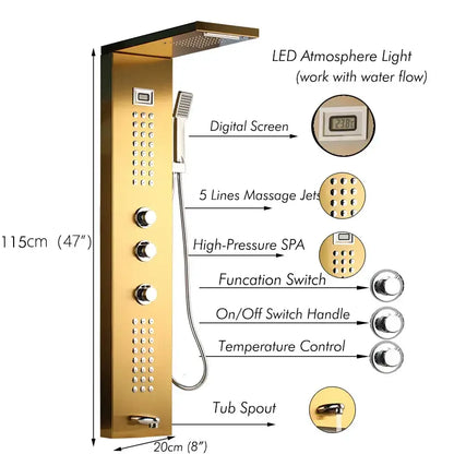 Gold-finished decorbites led panel bath faucet with digital display massage spa jets and integrated led atmosphere light