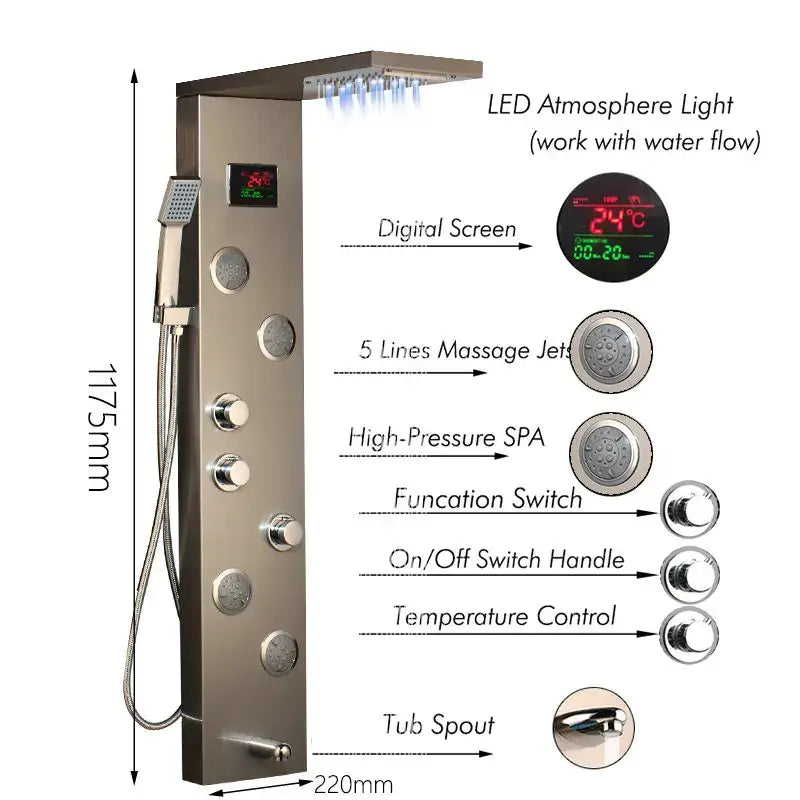 Modern brushed nickel DecorBites led panel bath faucet with digital temperature display and multiple massage spa jets