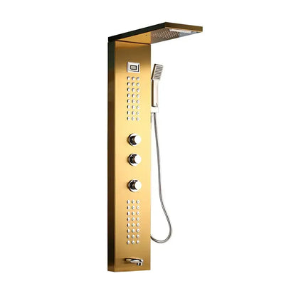 Gold-finished decorbites led panel bath faucet with large rainhead, digital display, and massage spa jets control knobs