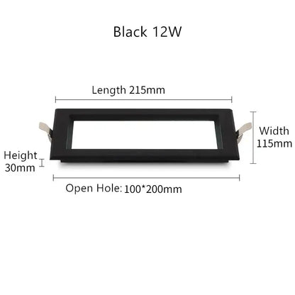 Black rectangular recessed led panel lamp with 12w power and ultra-thin modern design for bathroom and industrial lighting