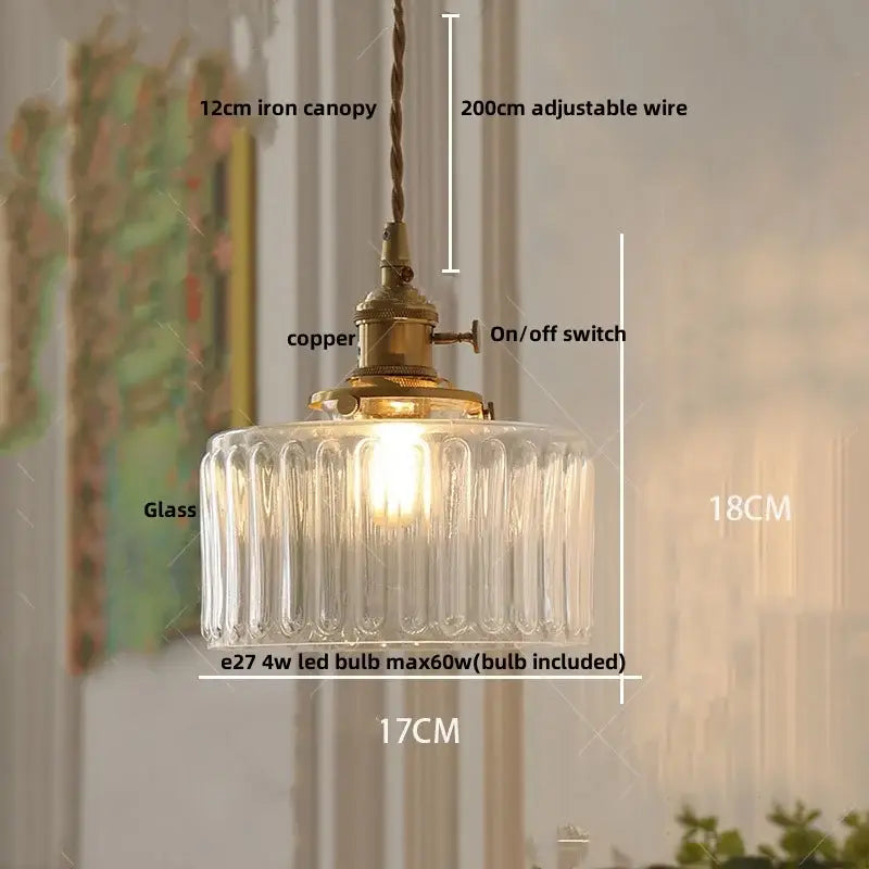 Clear glass decorbites led pendant lamp with vertical ridges brass copper-finished canopy on adjustable wire