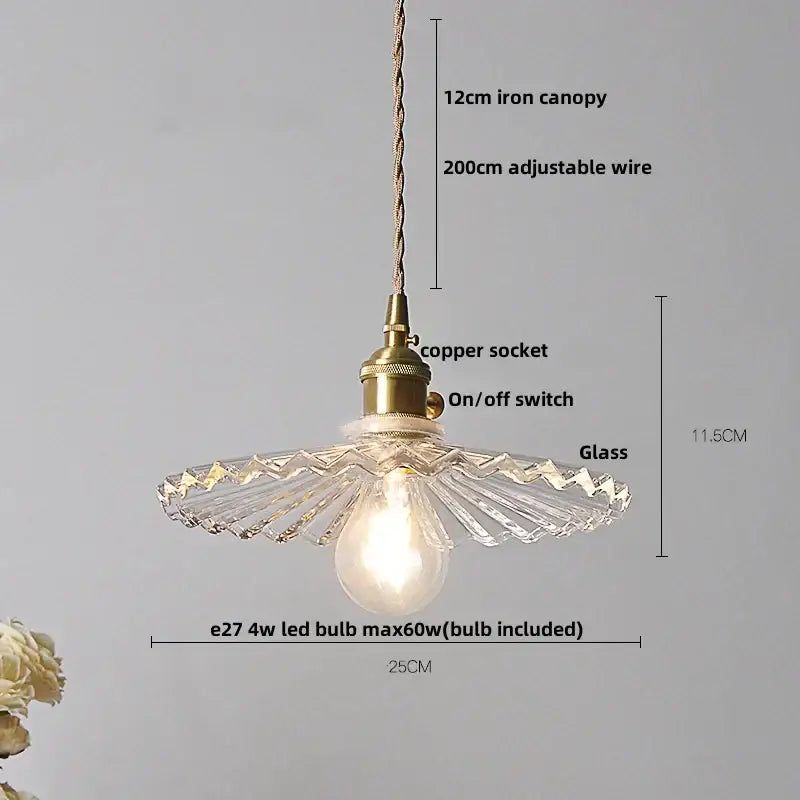 Decorbites led pendant lamp with brass-finished copper socket and clear glass shade featuring fan-like cutouts