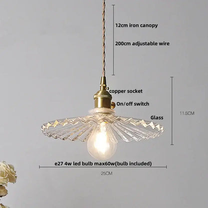 Decorbites led pendant lamp with brass-finished copper socket and clear glass shade featuring fan-like cutouts