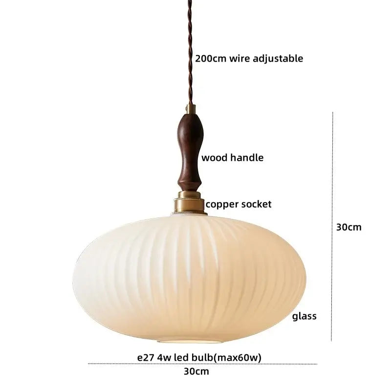 Cream-colored ribbed glass pendant lamp with dark wood handle and copper socket decorbites led pendant light fixture