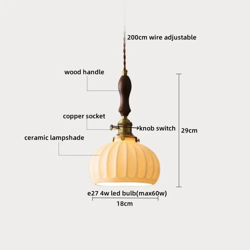 Warm-toned decorbites led pendant lamp with ribbed ceramic shade, wooden handle, and copper socket pendant light