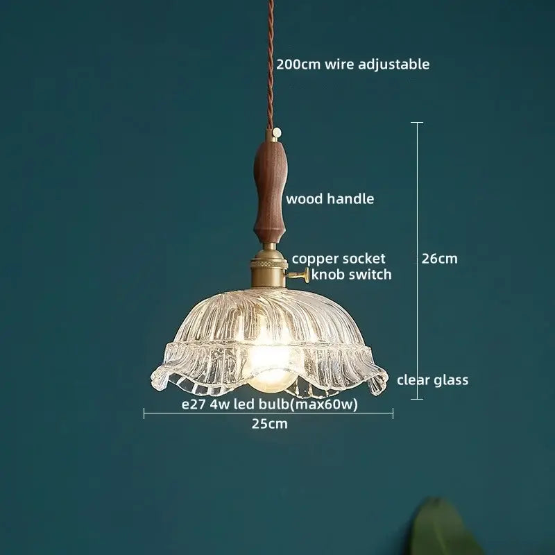 Decorbites led pendant lamp with clear ruffled glass shade and warm wooden handle modern style pendant light