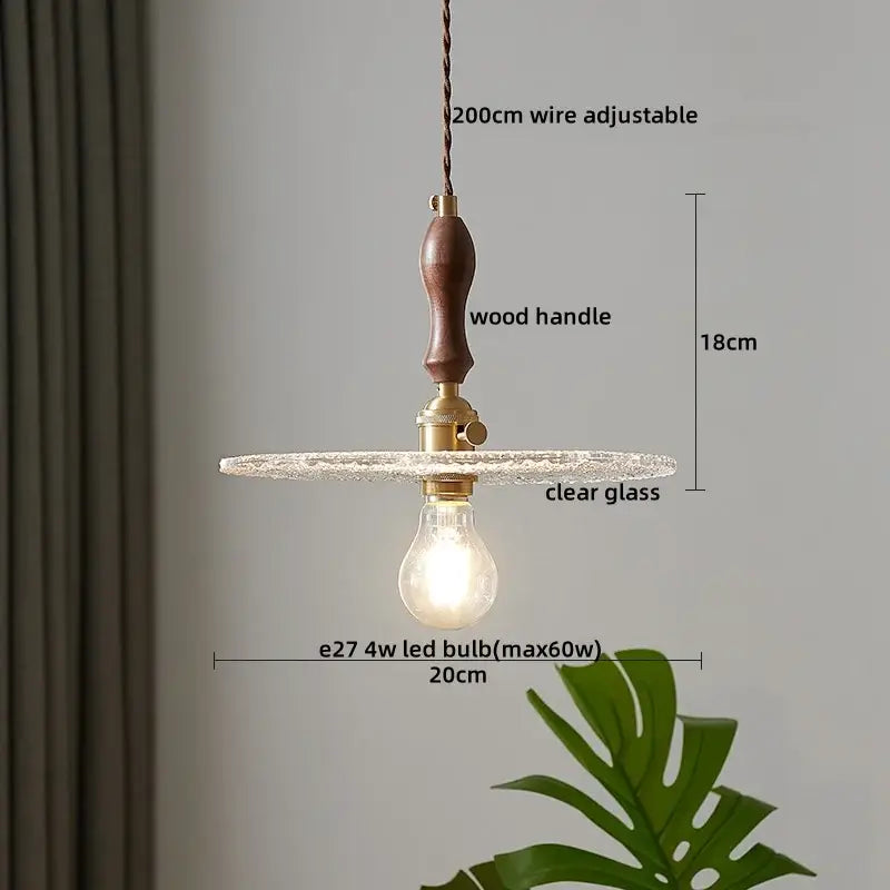 Decorbites led pendant lamp with dark wood handle brass hardware and clear textured glass disc pendant light