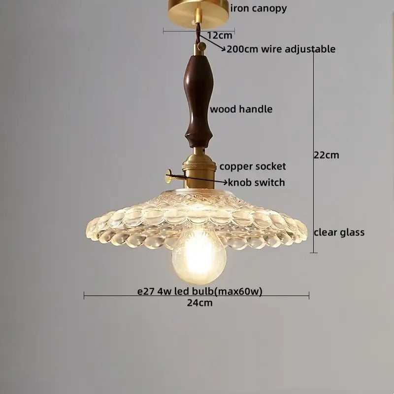 Vintage-style decorbites led pendant lamp with dark wood handle brass fittings and clear glass scalloped shade