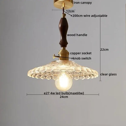 Vintage-style decorbites led pendant lamp with dark wood handle brass fittings and clear glass scalloped shade