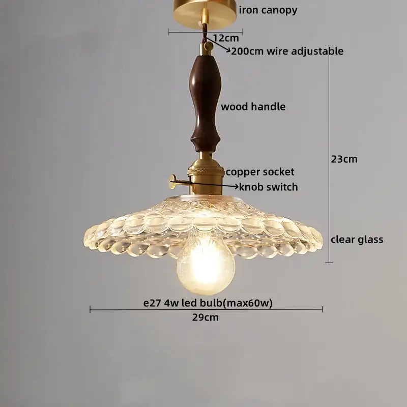 DecorBites led pendant lamp with brass iron canopy, dark wood handle, copper socket, and scalloped glass shade