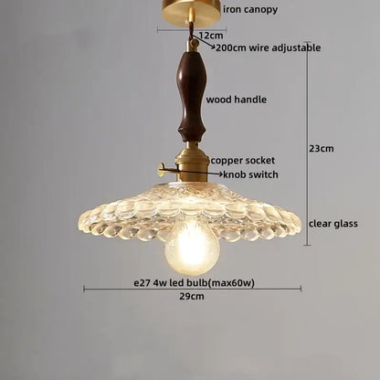 DecorBites led pendant lamp with brass iron canopy, dark wood handle, copper socket, and scalloped glass shade