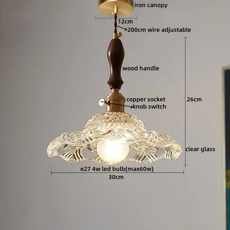 Decorbites led pendant lamp with a clear glass carved petal design and dark wood handle pendant light fixture