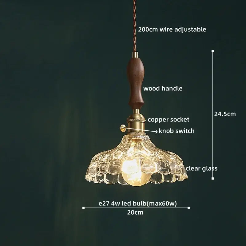 Vintage-style decorbites led pendant lamp with dark wood handle brass copper socket and scalloped clear glass shade