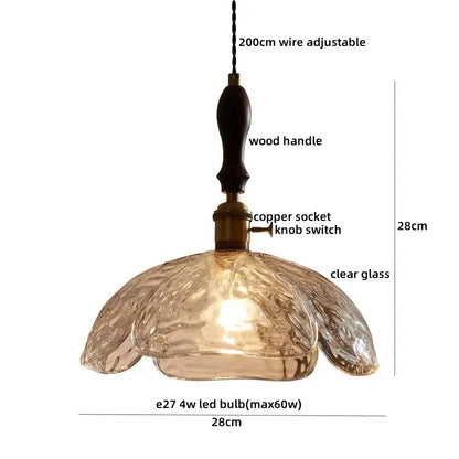 Decorbites led pendant lamp featuring a clear textured glass pendant light with wooden handle and copper socket