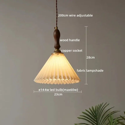 DecorBites LED pendant lamp with warm-toned pleated fabric shade copper socket and wooden handle hanging light fixture