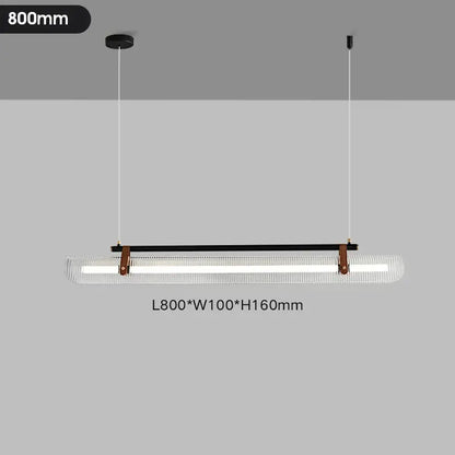 Modern rectangular decorbites led pendant lamp with black metal frame, frosted glass diffuser, and brown leather accents