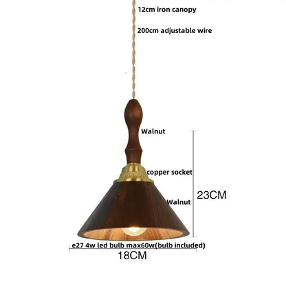 DecorBites led pendant lamp with dark walnut wood shade, brass copper socket, and 12cm iron canopy pendant light
