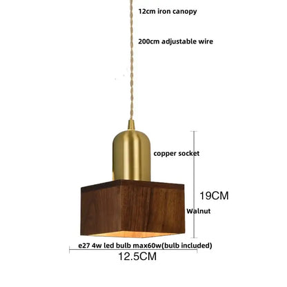 DecorBites led pendant lamp with square walnut wood base brass copper socket and adjustable 20cm wire suspension