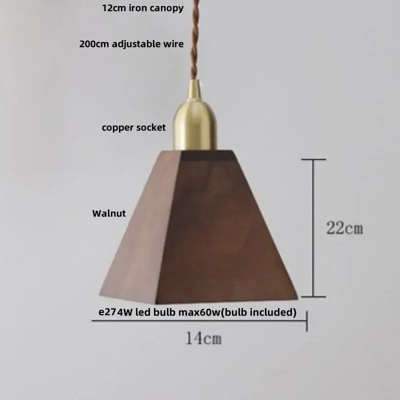 A warm-toned walnut wood DecorBites led pendant lamp with brass copper socket and adjustable wire suspension